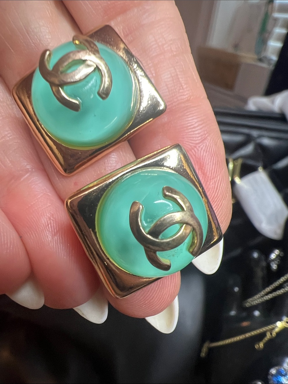 Gold-Tone Square Earrings with Mint Green Enamel